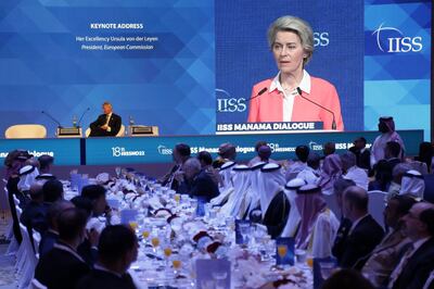 European Commission President Ursula von der Leyen speaks at the Manama Dialogue in Bahrain's capital this month. AFP