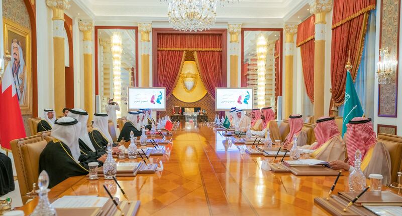 Prince Mohammed and Bahrain's Prime Minister and Crown Prince Salman bin Hamad hold a meeting at Sakhir Palace. Reuters