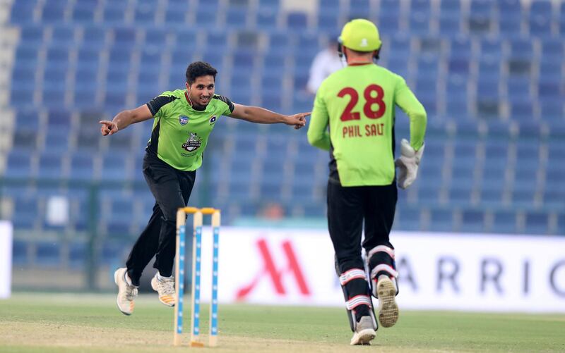 ABU DHABI , UNITED ARAB EMIRATES, October 05, 2018 :- Farzan Raja of Lahore Qalanders celebrating after taking the wicket Sean Willis during the Abu Dhabi T20 cricket match between Lahore Qalanders vs Hobart Hurricanes held at Zayed Cricket Stadium in Abu Dhabi. ( Pawan Singh / The National )  For Sports. Story by Amith