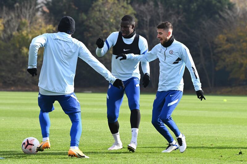 COBHAM, ENGLAND - NOVEMBER 06:  Kurt Zouma and Jorginho of Chelsea during a training session at Chelsea Training Ground on November 6, 2020 in Cobham, United Kingdom. (Photo by Darren Walsh/Chelsea FC via Getty Images)