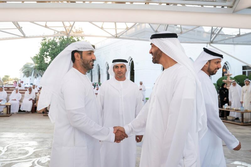 ABU DHABI, UNITED ARAB EMIRATES - December 23, 2019: HH Sheikh Mohamed bin Zayed Al Nahyan, Crown Prince of Abu Dhabi and Deputy Supreme Commander of the UAE Armed Forces (2nd R) greets a member of Asian Muay Thai Championship 2019, during a Sea Palace barza.

( Mohamed Al Hammadi / Ministry of Presidential Affairs )
---