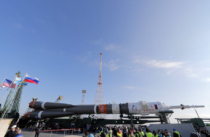 The Soyuz rocket being rolled out to the launch pad in Kazakhstan so it can be placed into a vertical position for a launch on September 15, 2023. Photo: EPA 