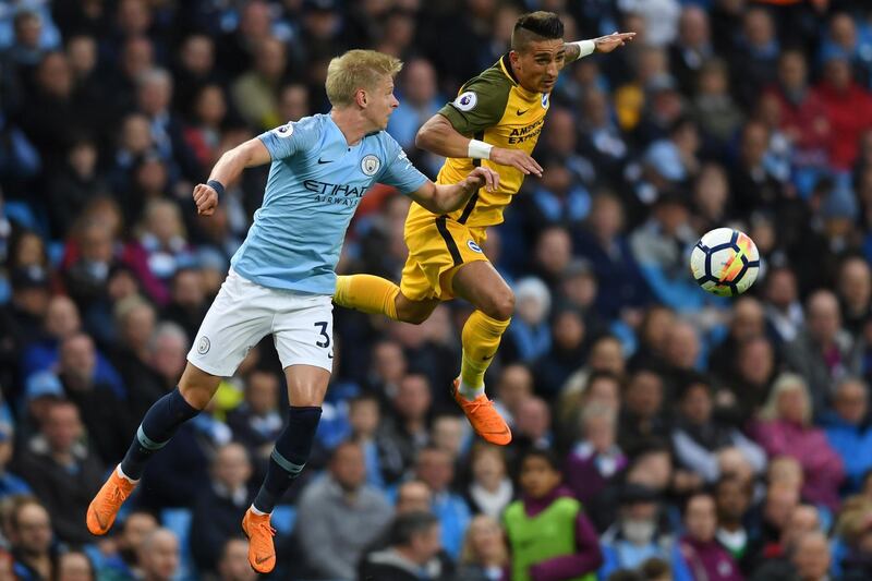 MANCHESTER, ENGLAND - MAY 09:  Anthony Knockaert of Brighton and Hove Albion wins a header over Alexander Zinchenko of Manchester City during the Premier League match between Manchester City and Brighton and Hove Albion at Etihad Stadium on May 9, 2018 in Manchester, England.  (Photo by Gareth Copley/Getty Images)