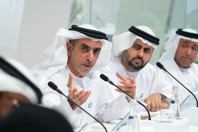SAADIYAT ISLAND, ABU DHABI, UNITED ARAB EMIRATES - November 27, 2018: HH Lt General Sheikh Saif bin Zayed Al Nahyan, UAE Deputy Prime Minister and Minister of Interior (L), participates in the UAE Government Annual Meeting at the St Regis Saadiyat. Seen with HH Sheikh Theyab bin Mohamed bin Zayed Al Nahyan, Chairman of the Department of Transport, and Abu Dhabi Executive Council Member (2nd L), and HE Sultan bin Saeed Al Badi, UAE Minister of Justice (R). 
( Ryan Carter / Ministry of Presidential Affairs )
---