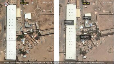 A view of possible Migrant Detention Center is seen before fire (L), in this March 4, 2021 and after fire (R), in this March 11, 2011 handout satellite image provided by Maxar. Satellite image (copyright) 2021 Maxar Technologies/Handout via REUTERS ATTENTION EDITORS - THIS IMAGE HAS BEEN SUPPLIED BY A THIRD PARTY. MANDATORY CREDIT. NO RESALES. NO ARCHIVES. DO NOT OBSCURE LOGO.