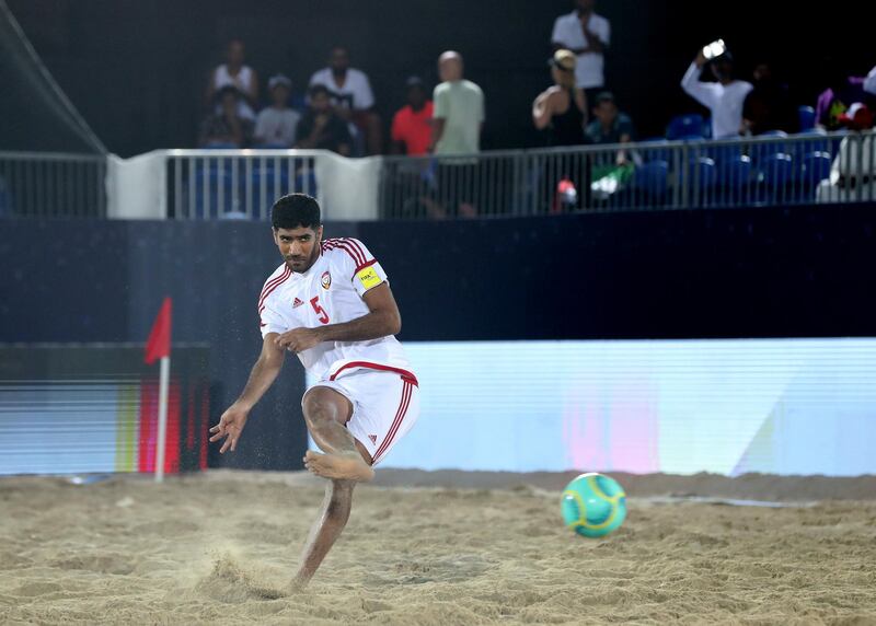Dubai, United Arab Emirates - November 05, 2019: The UAE's Abbas Ali scores during the game between the UAE and Spain during the Intercontinental Beach Soccer Cup. Tuesday the 5th of November 2019. Kite Beach, Dubai. Chris Whiteoak / The National