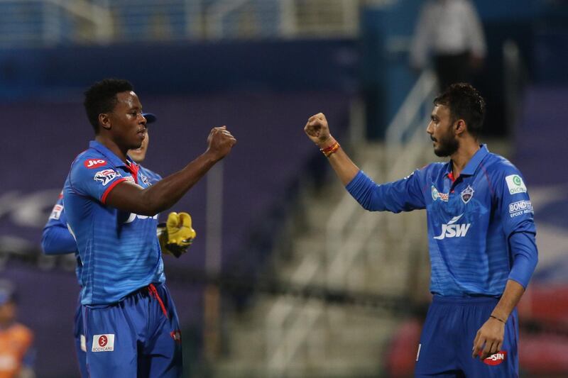 Kagiso Rabada of Delhi Capitals  celebrates the wicket of Surya Kumar Yadav of Mumbai Indians during match 27 of season 13 of the Dream 11 Indian Premier League (IPL) between the Mumbai Indians and the Delhi Capitals at the Sheikh Zayed Stadium, Abu Dhabi  in the United Arab Emirates on the 11th October 2020.  Photo by: Pankaj Nangia  / Sportzpics for BCCI