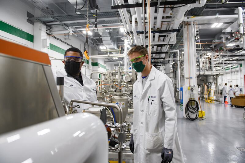 Workers at GreenLight Rochester facility. The company’s cell-free RNA manufacturing platform allows for cost-effective and scalable production of RNA. Photo: GreenLight Biosciences