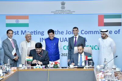 Officials representing the UAE and India celebrate the one-year anniversary of their Comprehensive Economic Partnership Agreement in New Delhi last July. Wam