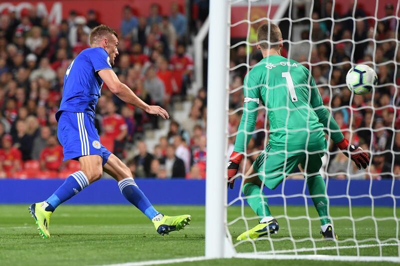 Leicester's Jamie Vardy scores a late consolation goal. Getty Images