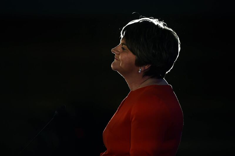 BELFAST, NORTHERN IRELAND - NOVEMBER 25: Democratic Unionist Party leader Arlene Foster gives her leader's speech during the annual DUP party conference at La Mon House on November 25, 2017 in Belfast, Northern Ireland. The party conference is the first since the general election which saw the DUP becoming political kingmakers to the Conservative party's minority government. The conference also takes place in the shadow of a political vacuum at Stormont were there has been no government since the collapse of the Northern Ireland power sharing executive following the resignation of the late Martin McGuinness in January as Deputy First Minister. (Photo by Charles McQuillan/Getty Images)