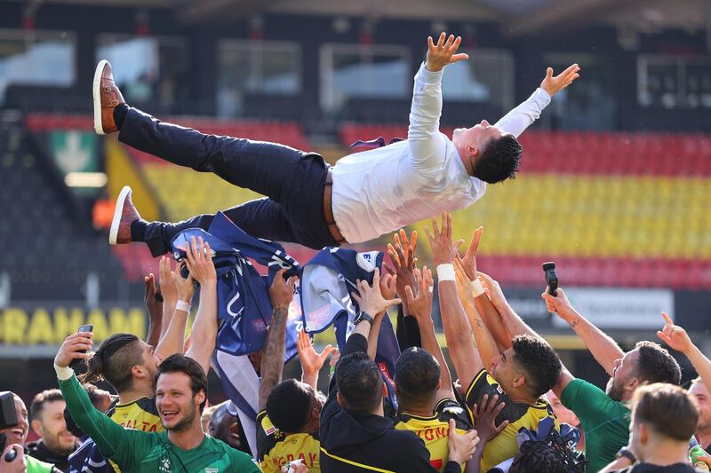 Manager Xisco Munoz is thrown into the air by Watford  players after the club secured promotion to the Premier League next season  after beating MiIllwall at Vicarage Road on Saturday, April 24. Getty