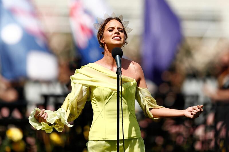 Bonnie Anderson sings the Australian National Anthem before the running of the 2020 Lexus Melbourne Cup Day. Getty Images for the VRC