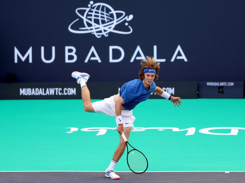 Abu Dhabi, United Arab Emirates - Reporter: Jon Turner: Andrey Rublev hits a shot during the match between Stefanos Tsitsipas v Andrey Rublev at the Mubadala World Tennis Championship. Thursday, December 19th, 2019. Zayed Sports City, Abu Dhabi. Chris Whiteoak / The National