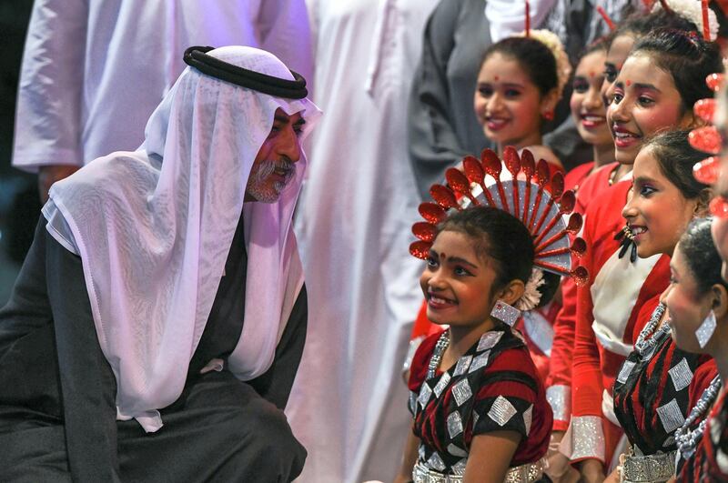 Abu Dhabi, United Arab Emirates - Minister of Tolerance H.E. Sheikh Al Nahyan interacts with the small performers from Abu Dhabi Indian School at the International WorkerÕs Day event on Saadiyat Accommodation Village. Khushnum Bhandari for The National
