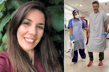 Left: Dr Nisreen Alwan, is one of thousands of Britons to be have been enervated by long Covid. right: Kings College Hospital staff help another sufferer to walk again during his rehabilitative process AFP