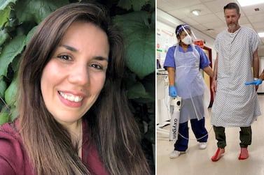 Left: Dr Nisreen Alwan, is one of thousands of Britons to be have been enervated by long Covid. right: Kings College Hospital staff help another sufferer to walk again during his rehabilitative process AFP