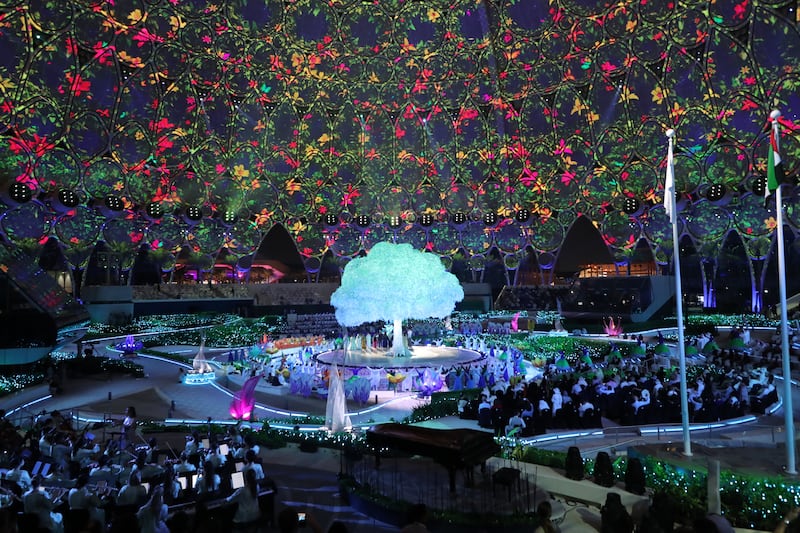 The silver and white ghaf tree forms a centrepiece at the performance centre of Al Wasl Plaza during the opening ceremony. Photo: Ali Haider / EPA