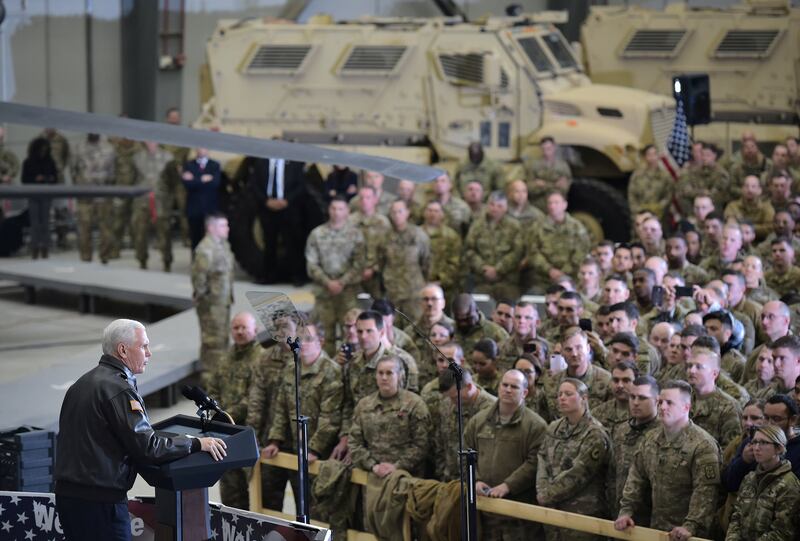 US Vice President Mike Pence speaks to troops in a hangar at Bagram Air Field in 2017.