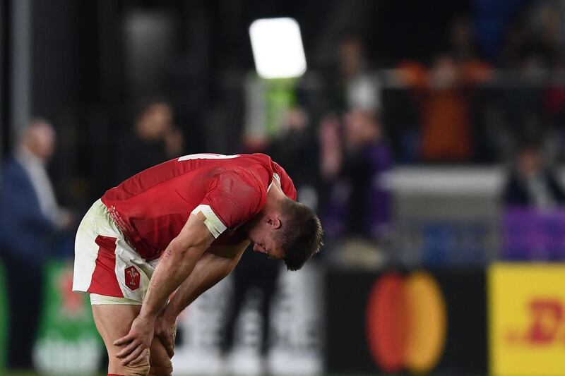 Wales' fly-half Dan Biggar reacts after losing the Japan 2019 Rugby World Cup semi-final match between Wales and South Africa at the International Stadium Yokohama in Yokohama.  AFP