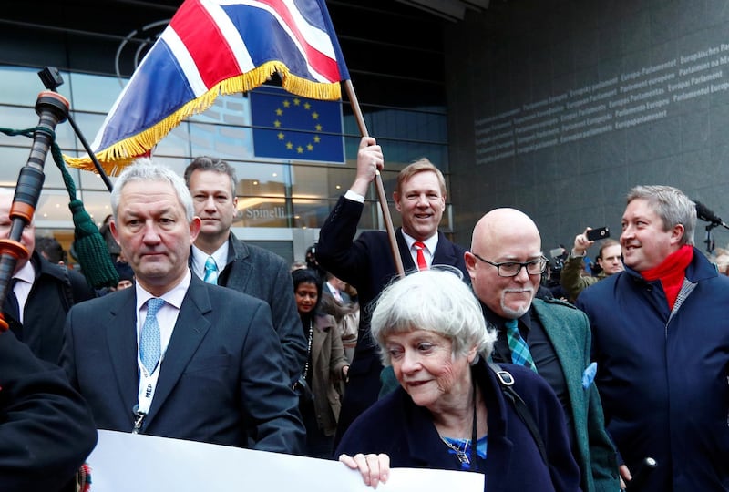 British pro-brexit Members of the European Parliament leave the EU Parliament for the last time in Brussels, Belgium January 31, 2020. Reuters