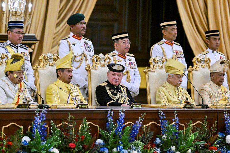 Sultan Ibrahim Iskandar (centre) is sworn in as the 17th king of Malaysia at the National Palace in Kuala Lumpur. Reuters 