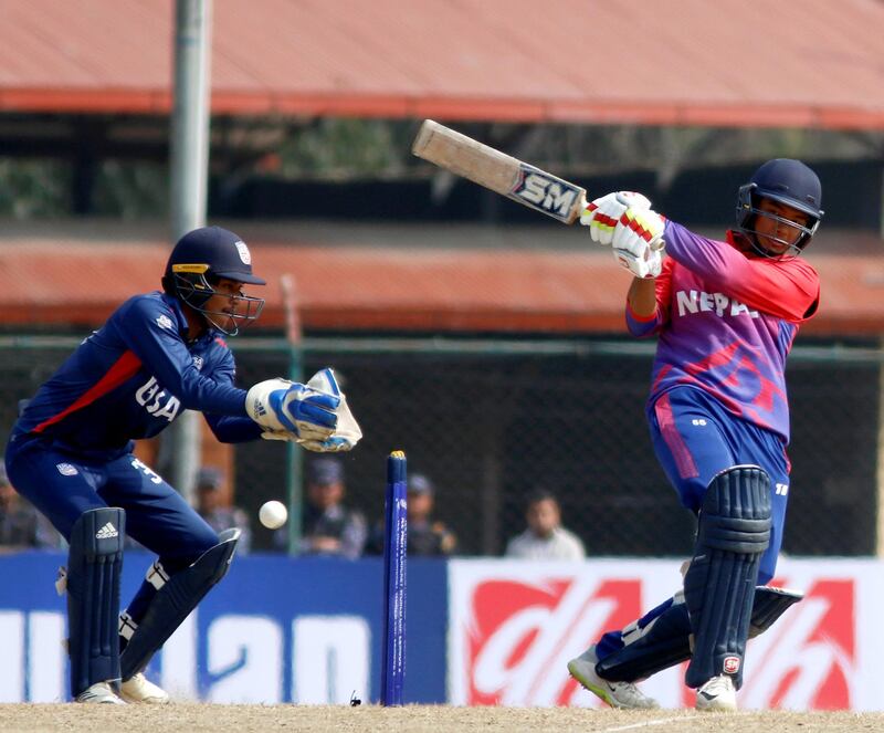 Kushal Malla of Nepal bats during the ICC Cricket World Cup League 2 match between USA and Nepal at TU Cricket Stadium on 8 Feb 2020 in Nepal  (1)