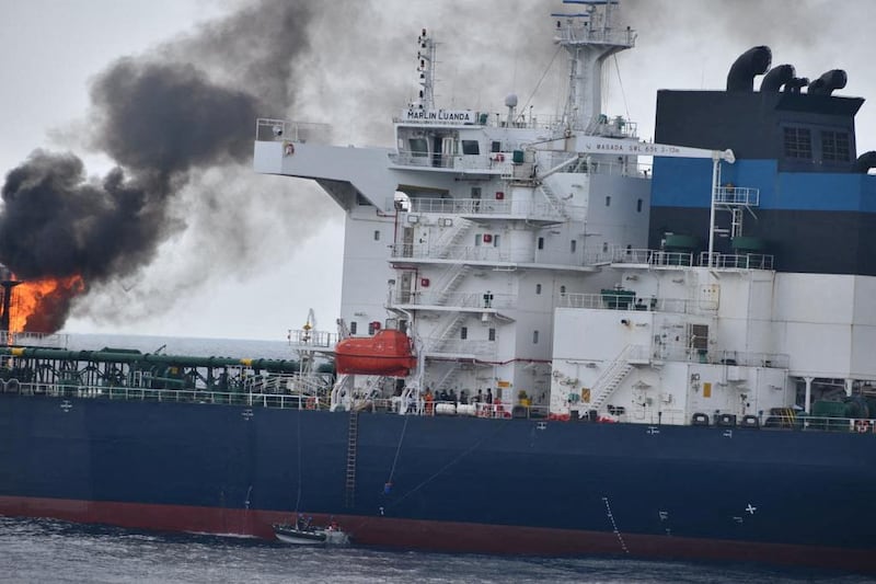 Smoke rises from the Marlin Luanda in the Gulf of Aden. Reuters
