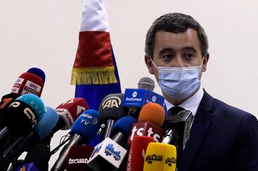 French Interior Minister Gerald Darmanin gives a press conference in Tunisia. AFP