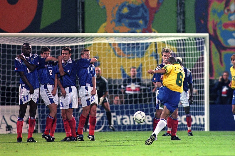 Roberto Carlos of Brazil takes a freekick  (Photo by Tony Marshall/EMPICS via Getty Images)