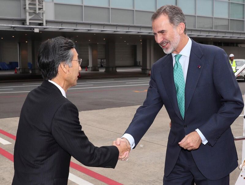 King Felipe VI of Spain is welcomed on arrival at an airport in Tokyo, Japan. The Spanish Royal couple is visiting Japan to attend Crown Prince Naruhito's enthronement ceremony.
EPA