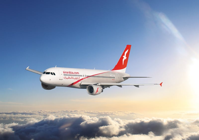 An Air Arabia narrowbody in flight.