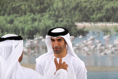 Ras Al Khaimah, United Arab Emirates - October 13, 2018: His Excellency Dr Thani bin Ahmed Al Zeyoudi, Minister of Climate Change and Environment Directors of municipalities and environment agencies in the UAE. The launch of the ecotourism microsite and app coincides with the National Ecotourism Project, a multiphased initiative that will position the UAE as a global ecotourism hub. Saturday, October 13th, 2018 in Al Rams, Ras Al Khaimah. Chris Whiteoak / The National