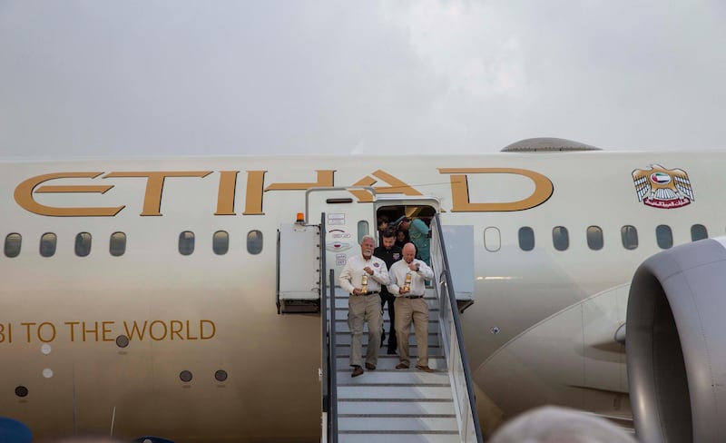 The World Games Flame of Hope arrives in Abu Dhabi from Athens, carried by the national airline of the UAE, Etihad Airways. Courtesy Etihad