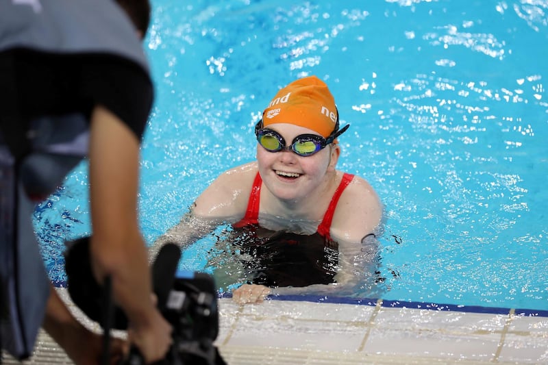 Dubai, United Arab Emirates - March 17, 2019: Meike Terhorst of the Neatherlands wins the F02 200m Freestyle during the swimming at the Special Olympics. Sunday the 17th of March 2019 Hamden Sports Complex, Dubai. Chris Whiteoak / The National