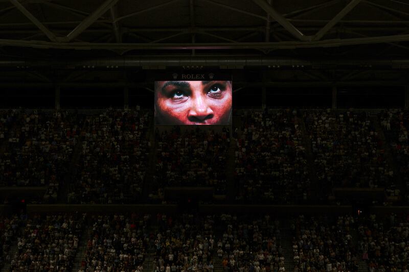 Serena Williams during a video monitor tribute after winning her US Open second-round match against Estonia's Anett Kontaveit at Flushing Meadows, New York, on August 31, 2022. Reuters