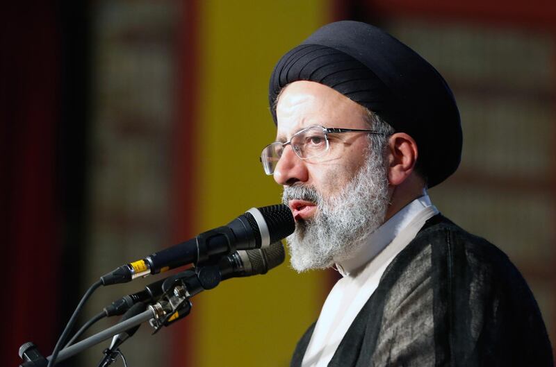 epa07420180 (FILE) Former Iranian presidential candidate Ebrahim Raisi speaks to the crowd during an election camping rally in Tehran, Iran, 29 April 2017 (Reissued 07 March 2019). Media reported that Iranian supreme leader Ayatollah Ali Khamenei on 07 March 2019, appointed Raisi as new Iranian judiciary chief.  EPA/ABEDIN TAHERKENAREH