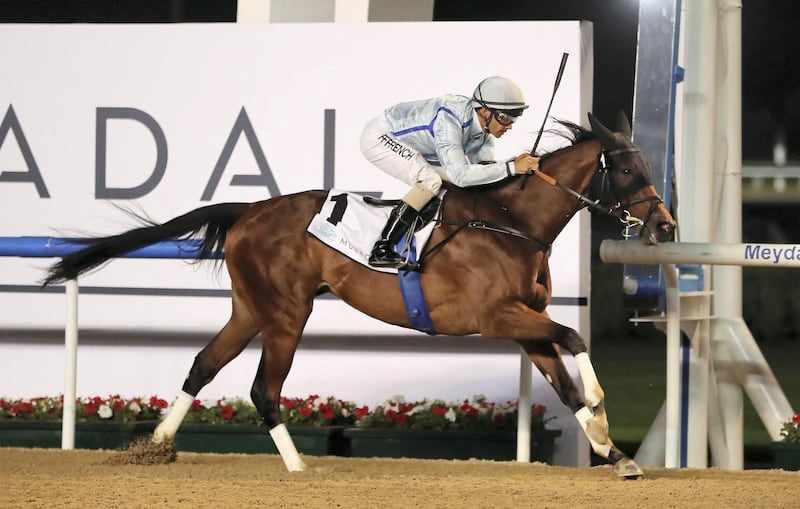 DUBAI , UNITED ARAB EMIRATES , Dec 19  – 2019 :- Royston Ffrench (no 1) guides Down On Da Bayou (USA) to win the 2nd horse race Yahsat trophy 1400m dirt at the Meydan Racecourse in Dubai. ( Pawan Singh / The National ) For Sports. Story by Amith