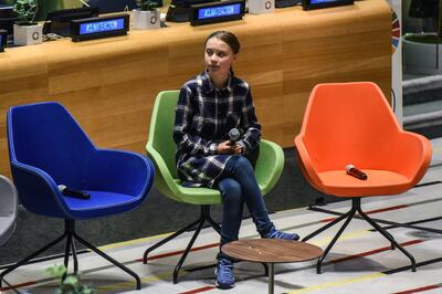 NEW YORK, NY - SEPTEMBER 21: Greta Thunberg sits before speaking at the first ever United Nations Youth Climate Summit on September 21, 2019 in New York City. The Youth Climate Summit is intended to bring together young activists who are committed to combating climate change at the pace and scale needed to meet the challenge.   Stephanie Keith/Getty Images/AFP
== FOR NEWSPAPERS, INTERNET, TELCOS & TELEVISION USE ONLY ==
