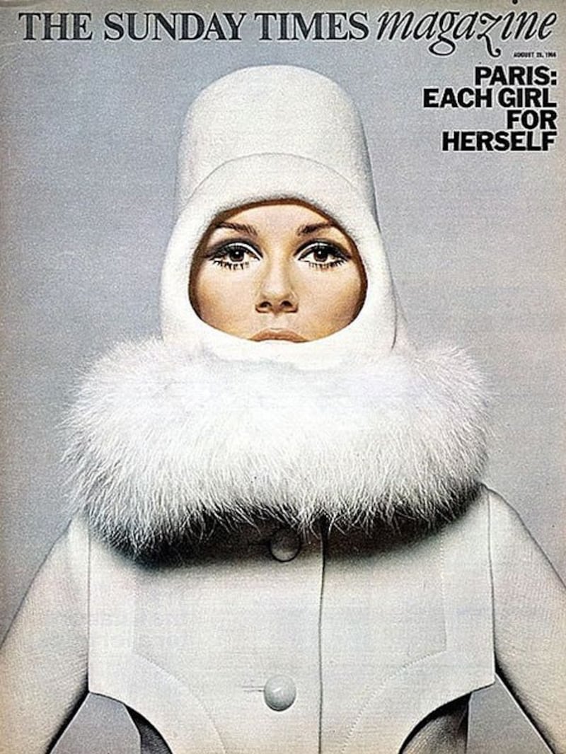 A 'Sunday Times' magazine cover from 1964, featuring a dress and hat by Pierre Cardin. Courtesy Sunday Times Archive