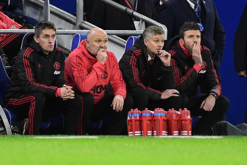 Solskjaer, second right, watches from the dugout. Reuters