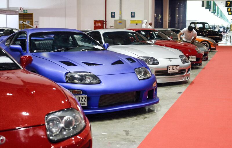 Abu Dhabi, United Arab Emirates -  Toyota Supra, 1994 blue at the International Motor Show and Custom Show Emirates in Abu Dhabi National Exhibition Centre on April 5, 2018. (Khushnum Bhandari/ The National)

