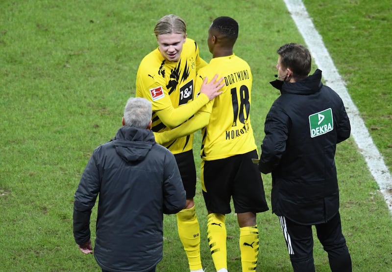 Borussia Dortmund's Youssoufa Moukoko comes on as a substitute to replace Erling Braut Haaland. Reuters