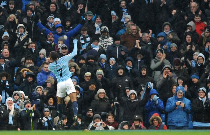 Manchester City's Raheem Sterling celebrates after scoring his side's third goal. AP Photo