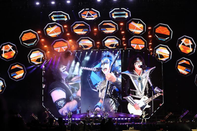 DUBAI, UNITED ARAB EMIRATES , December 31 – 2020 :- Members of the rock band Kiss performing during the New Year’s Eve at the Atlantis hotel on Palm Jumeirah in Dubai. ( Pawan Singh / The National ) For News/Standalone/Online/Instagram. Story by Saeed