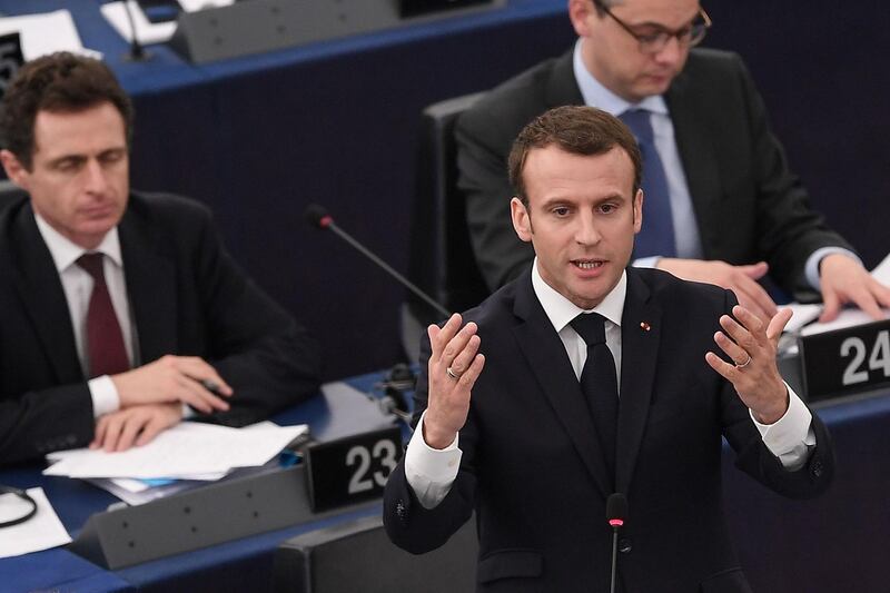 French President Emmanuel Macron speaks before the European Parliament on April 17, 2018 in the eastern French city of Strasbourg.
Macron addressed the European Parliament for the first time in a bid to shore up support for his ambitious plans for post-Brexit reforms of the EU. French leader wants big changes in the face of growing scepticism about the European project, but there has been a marked lack of enthusiasm from Berlin to Budapest. Macron's speech to MEPs in the eastern French city of Strasbourg is part of a charm offensive ahead of European Parliament elections in May 2019, the first after Britain's departure.
 / AFP PHOTO / Frederick FLORIN