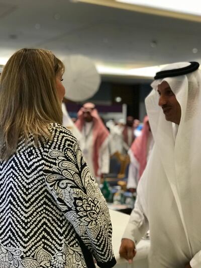 His Excellency Ahmed AlKhateeb, the president of the Saudi Commission for Tourism and National Heritage greets Gloria Guevara Manzo, Word Travel and Tourism Council