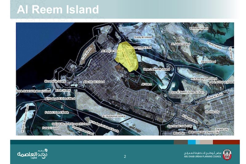 Reem Island is highlighted on the map of Abu Dhabi and the surrounding area. Courtesy Abu Dhabi Planning Council