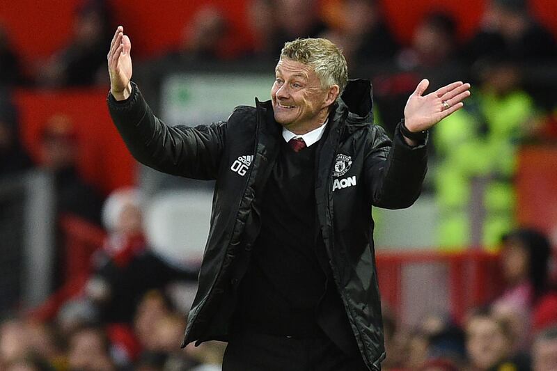 Manchester United's Norwegian manager Ole Gunnar Solskjaer gestures on the touchline during the English Premier League football match between Manchester United and Liverpool at Old Trafford in Manchester, north west England, on October 20, 2019. RESTRICTED TO EDITORIAL USE. No use with unauthorized audio, video, data, fixture lists, club/league logos or 'live' services. Online in-match use limited to 120 images. An additional 40 images may be used in extra time. No video emulation. Social media in-match use limited to 120 images. An additional 40 images may be used in extra time. No use in betting publications, games or single club/league/player publications.
 / AFP / Oli SCARFF                           / RESTRICTED TO EDITORIAL USE. No use with unauthorized audio, video, data, fixture lists, club/league logos or 'live' services. Online in-match use limited to 120 images. An additional 40 images may be used in extra time. No video emulation. Social media in-match use limited to 120 images. An additional 40 images may be used in extra time. No use in betting publications, games or single club/league/player publications.
