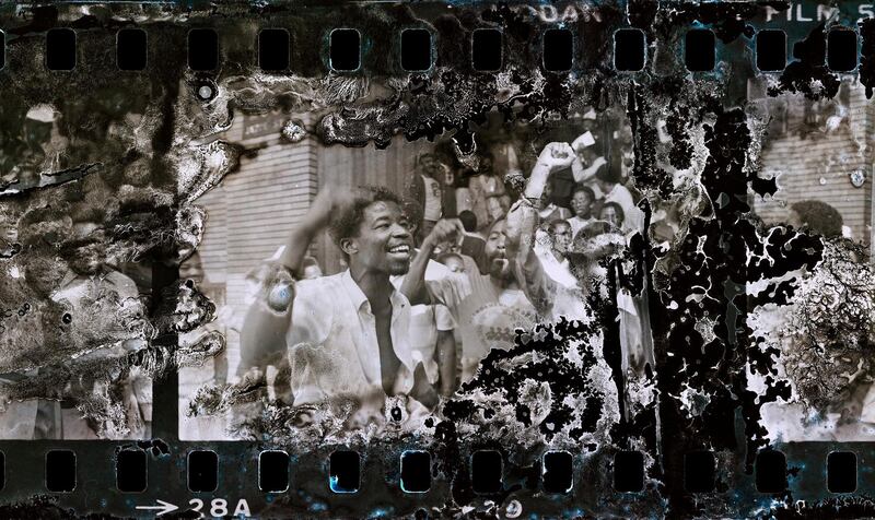Protestors outside Cosatu House, after a May Day Rally in which the Congress of South African Trade Unions (COSATU) called for a nationwide ‘stayaway’ and protest by workers. May 1986.
Scanned and reframed after accidental water and mould damage in 2016.

Series: A Testament of Faded Memory
Inkjet print (from drum scanned water and mould damaged 35mm black and white negative film) on Hahnemüle Fine Art Baryta paper. (12x7)
110cm x184.5cm
2016
Johannesburg, South Africa